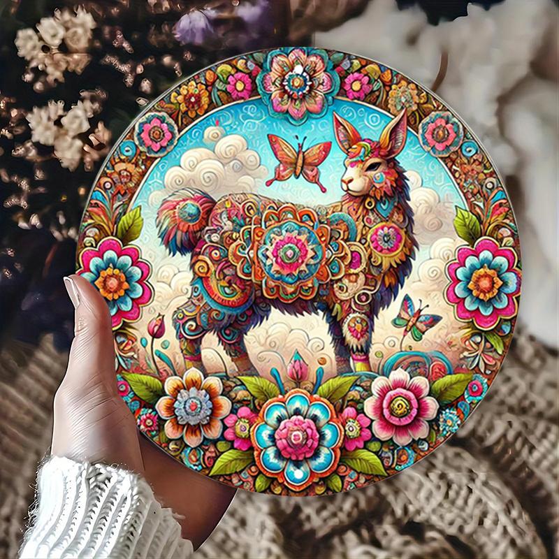2D Flat 20*20cm1pc Bright-coloured Camels&butterfly&flowers Welcome Door Sign Decor, Vibrant Floral and Animal Design Round Wooden Ornament Perfect