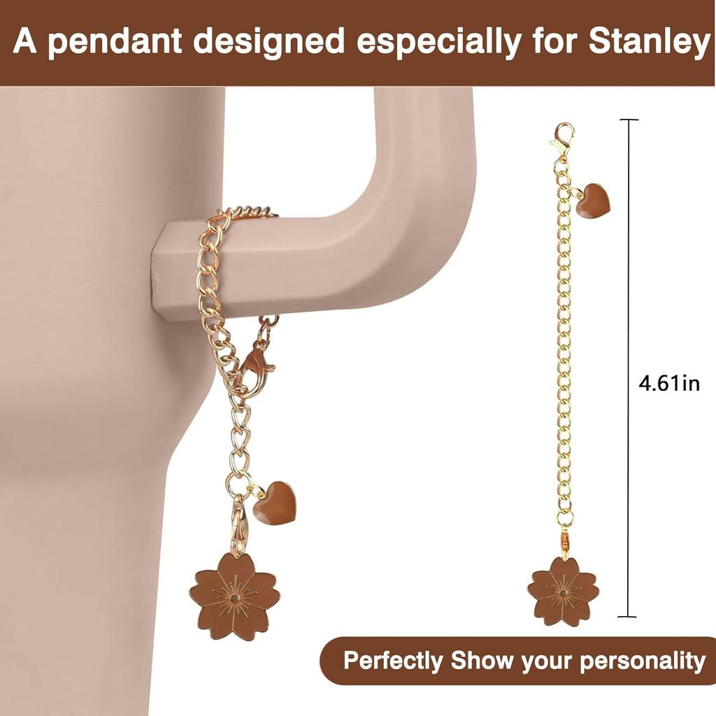 Accessories for Stanley Cup Set,2Pcs Flower Straw Cover Caps 10mm Reble Brown Straw Toppers,1Pcs Cute Handle Charm and 1Pcs Silicone Boot Sleeve for