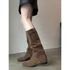 Sheepskin Version~ Inner Height Increase 5cm Retro Leather Pleated Western Cowboy Boots Women's Versatile But Knee-high Boots