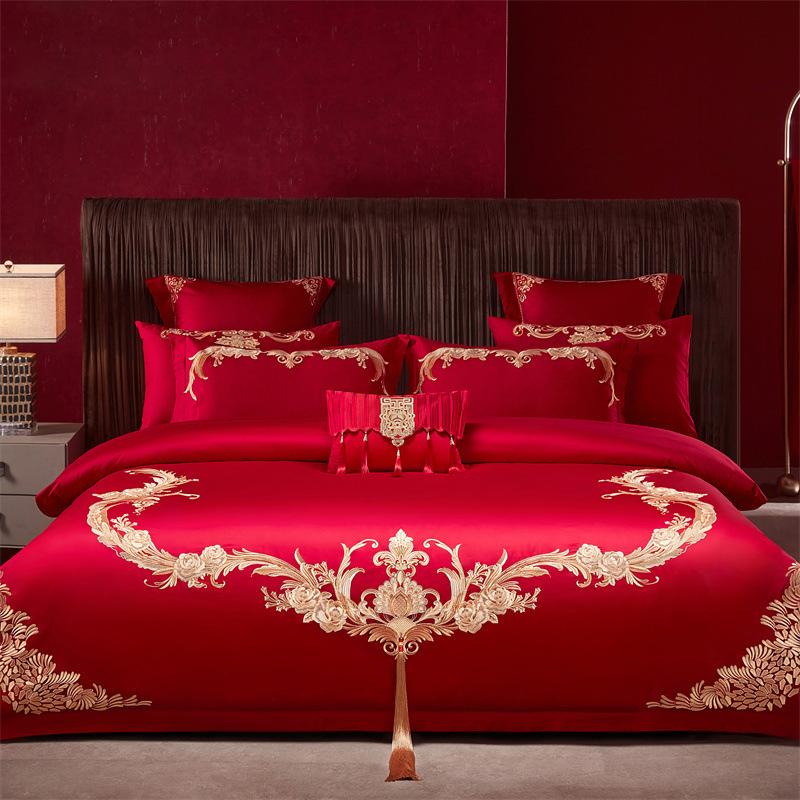High-End Long-Staple Cotton Wedding 4Pcs Set Chinese Wedding Wedding Kit Big Red Embroidery Pure Cotton Wedding Bedding