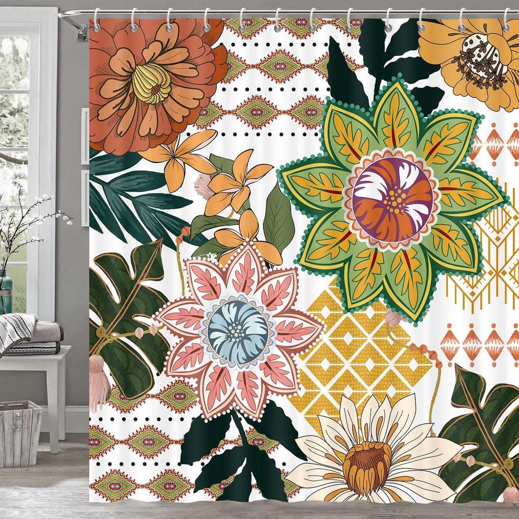 Boho Floral Shower Curtain for Bathroom, Abstract Mid Century Morden Bohemian Decor Bath Curtains, Botanical Flowers Tropical Le