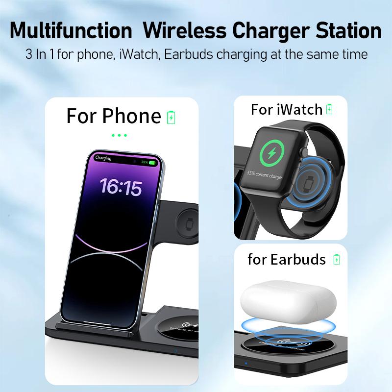 Schreibtisch Schnelles Kabelloses Ladegerät Ständer Pad Faltbar Schnelles Ladestation Dock für iPhone 16 15 14 13 12 Pro Max Apple Watch Airpods