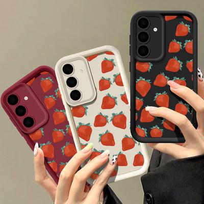 Erdbeer-Obst-Hülle für Samsung S25 S24 Fe S23 Ultra A55 A53 A35 A15 A06 A16 Bonbonfarbe, stoßfeste weiche Silikon-Objektivschutzabdeckung