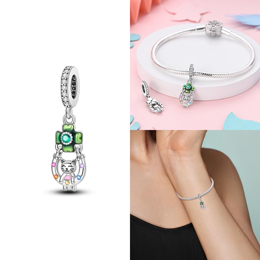 Original 925 Silver Black Cat Moon Cat Paw Pendant Charms Bead Fit Bracelet Women Jewelry Diy Anniversary Gift Accessories