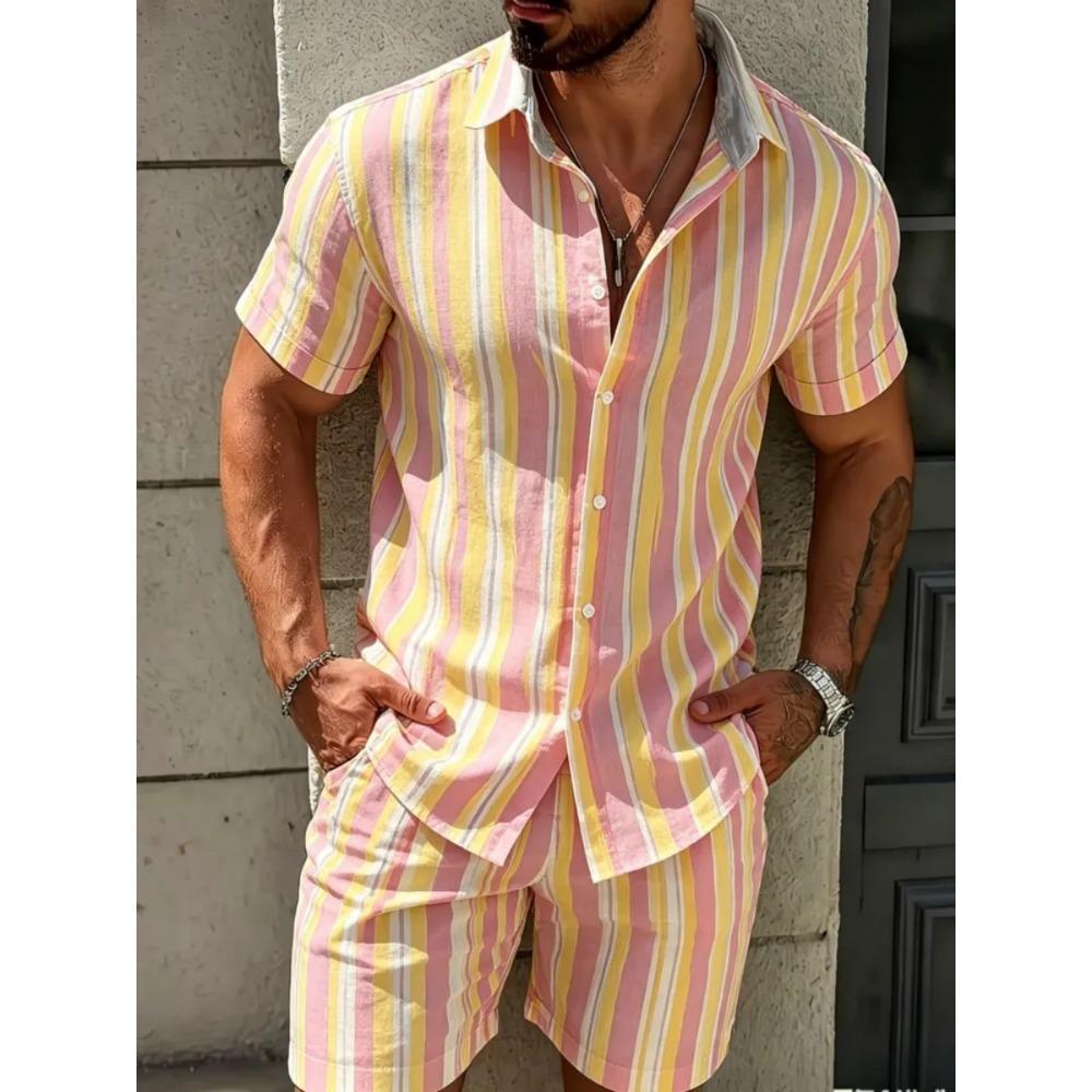 2026 Summer Men Beach Sets Streetwear Short Sleeve Lapel Shirt Printed Shorts Breathable Casual Men Hawaiian Suits 2 Pieces