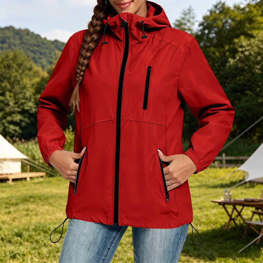 Women's Lightweight Casual Hooded Windbreaker Jacket Drawstring Waist Long Sleeve Zip Up Outerwear for Outdoor Activities