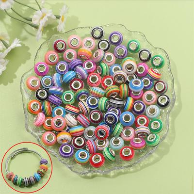 30/50/100pcs Rainbow Striped European Beads Large Hole Colored Resin Loose Spaced Beads, Used for DIY Bracelet Jewelry Making