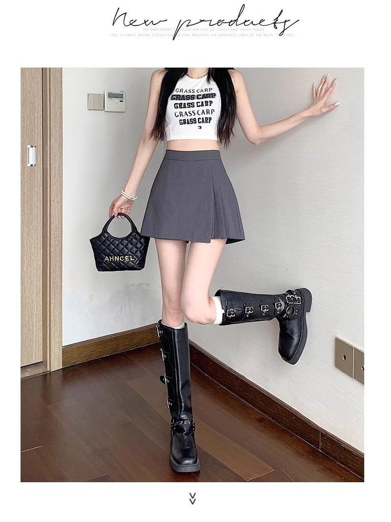 Spring 2025 Women's High-Waisted A-Line Culottes Skirt - Irregular Hem, Faux Two-Piece Midi Shorts Skirt