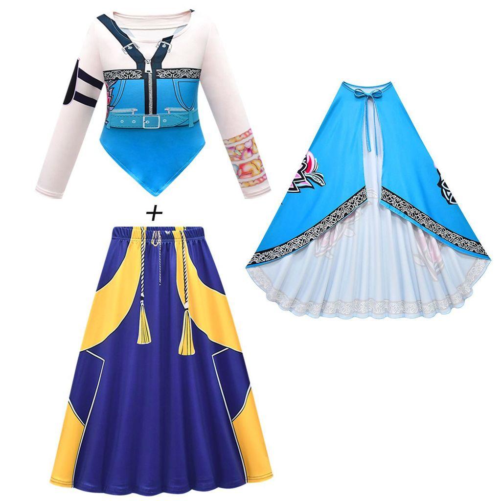 Kids Girls Anime Cartoon K-Pop Zoey Print T-shirt Skirt Bag Cloak Set Outfit Christmas Role Play Halloween Cosplay Costumes