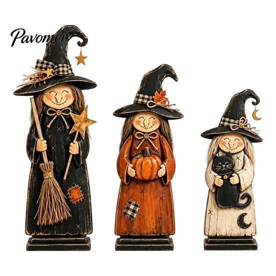 Vintage Style Witch Party Supplies Wooden Figurine, Halloween Statues with Decorations for Home Display Broom Pumpkin Black Cat, Fall Farmhouse