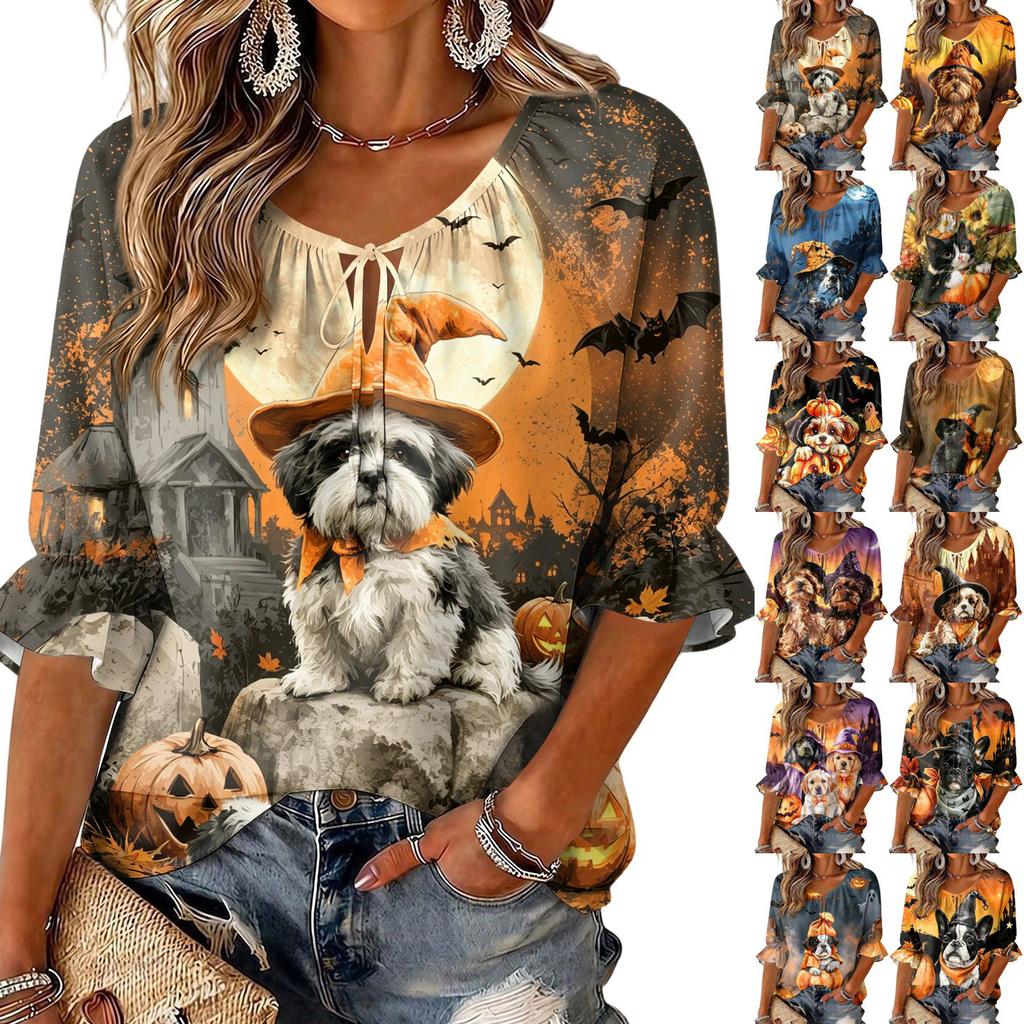 Women's Halloween Print Three-Quarter Sleeve Round Neck Blouse with Tie Front and Ruffle Hem