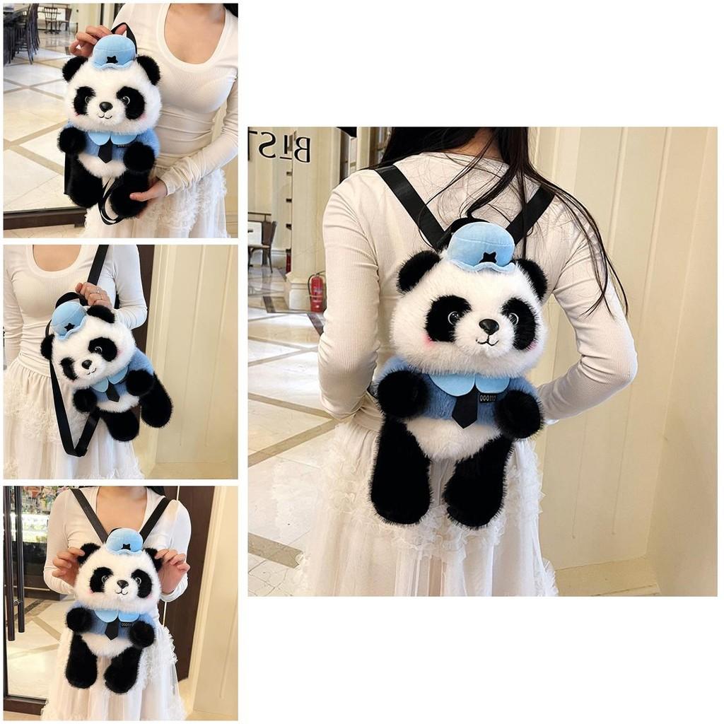 Police Panda Plush Backpack For Girls With Zipper Closure And Cartoon Design