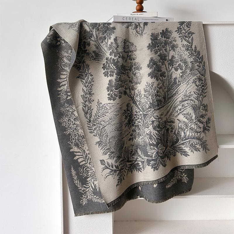 Retro Plants Mori Landscape Scarf Shawl High Sense Women's Imitation Cashmere Warm Scarf Women
