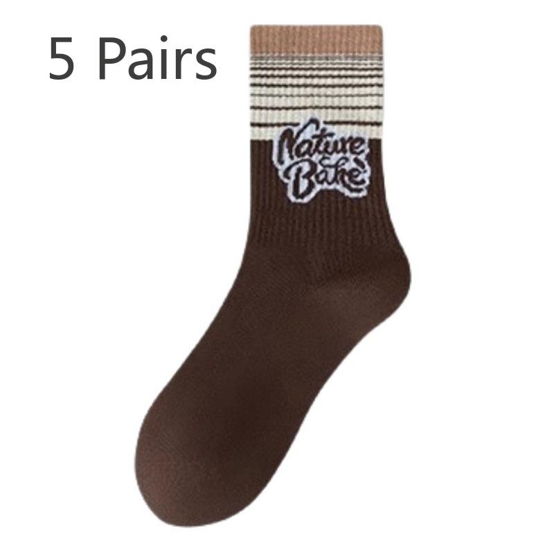 

5 пар женских спортивных носков-труб из чистого хлопка в стиле ретро на весну и осень 5 Pairs кофейный