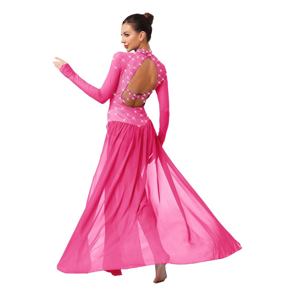 Vestido de Danza Lírica para Mujer con Pedrería Brillante, Manga Larga, Diseño sin Espalda, Chifón, Bajo con Abertura, Leotardo de Una Pieza