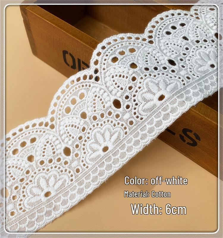 Off-White Lace Trim Embroidery Cloth for Skirt Hem Decoration - Pure Cotton, Double-Locked Edge