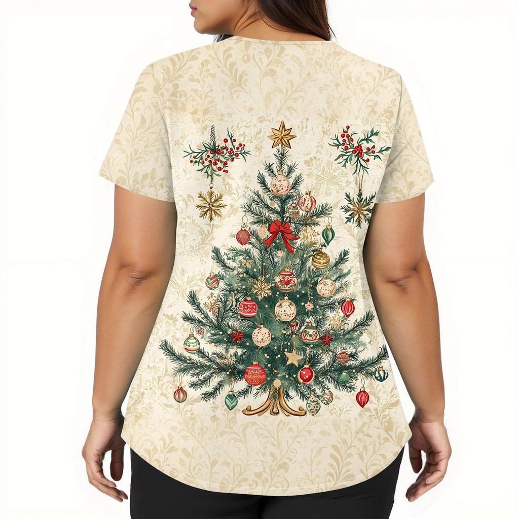 Women's Fashion V-neck Short Sleeve Workwear With Pockets Christmas Printed Tops