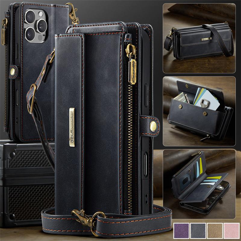 CaseMe Flip Leather Phone Case for iPhone 17 Pro Max 17E Air 16 Plus 16E 15 14 13 12 11 X XS XR SE 2022 8 Long Lanyard Zipper Wallet Multi Card Cover