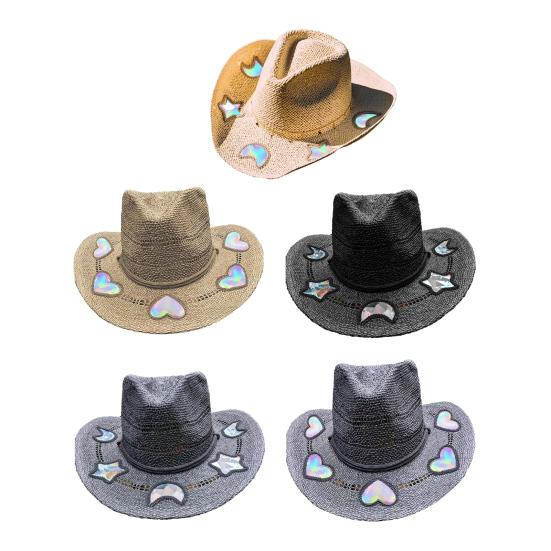 Women Hat Hat Wide Brim Star Straw Bohemian Style Breathable Woven