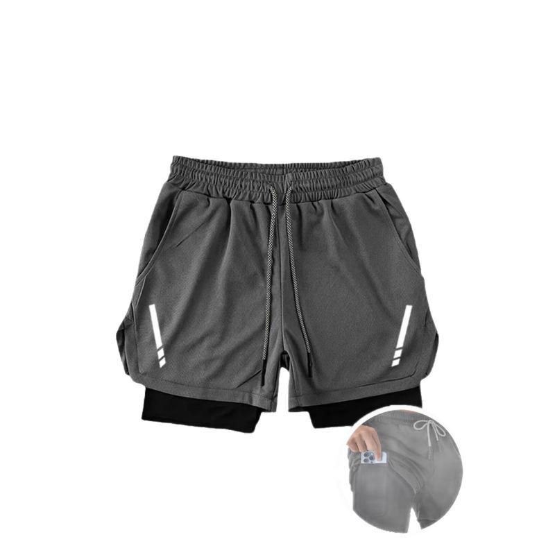 Men 2 In 1 Printed Quick Dry Sports Shorts Gym Workout Outdoor Shorts With Towel Hanging