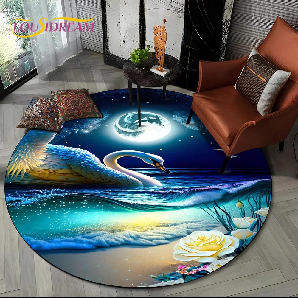 3D Dream Love Swan Cartoon Cygnus Girl Gift Round Carpet Rug for Living Room Bedroom Child Decor,Pet Area Rug Non-slip Floor Mat