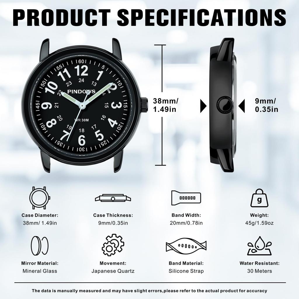 PINDOWS Unisex Analog Quartz Watch for 30m Water Military Time Luminous Dial for High Visibility Ladies' Watch, Ladies' Students, Resistant, Display,