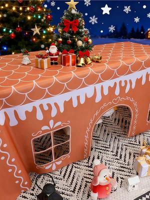 Christmas Table Cover Washable Gingerbread House Cover Farmhouse Table Runner for Picnic Party Harvest Kitchen Dinner Festival