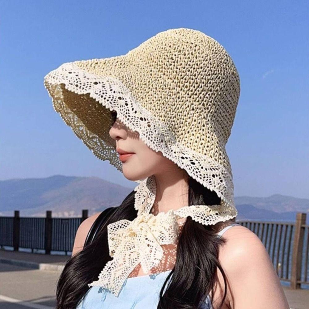 Large Edge French-style Straw Hat Wide Brim Panama Cap Handmade Beach Bucket Hat  Beach Side