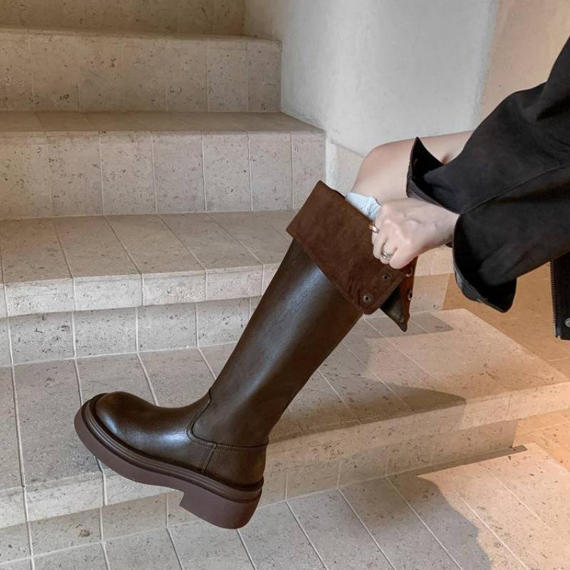 New Women's Versatile Martin Boots Solid Color Medium Heel Large Size Women's Boots Thick-soled Non-slip Round Head Autumn and Winter Leather High 