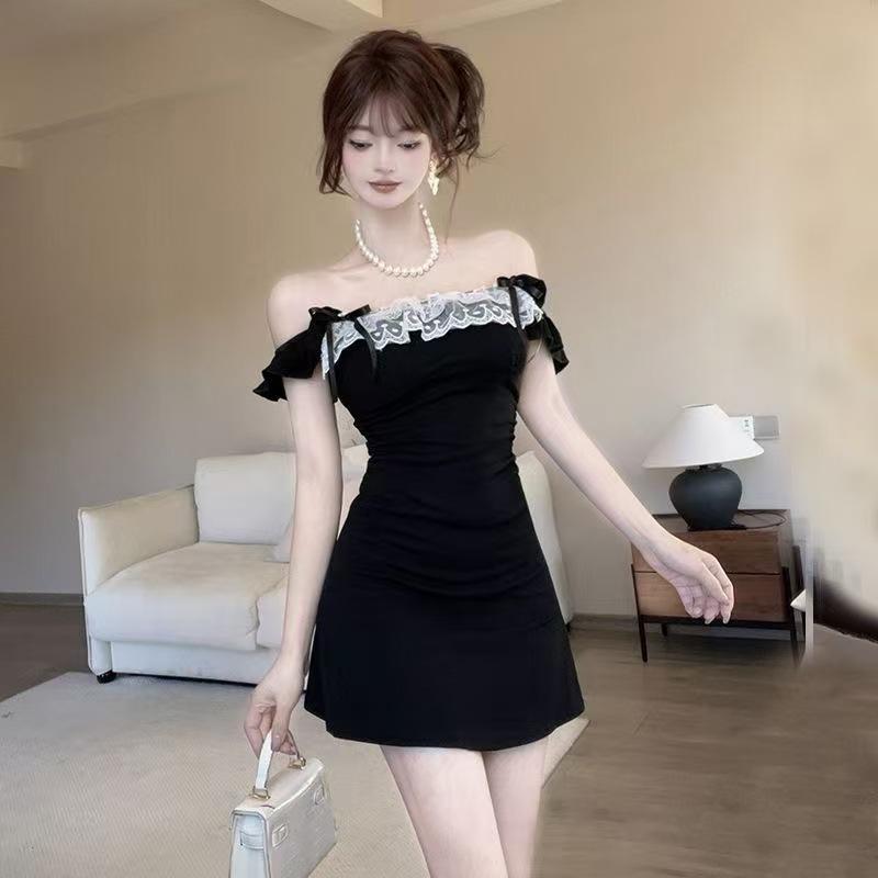 Pure Desire Wind Lace Splicing Dress French Bow Summer Skirt Waist Temperament High Waist Short Skirt A-shaped Skirt