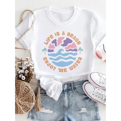 Beach Travel Top T-Shirt Short Sleeved Clothing Women's Fashion 90s Summer Trend Cute Printed Letter Pattern Plus Size T-Shirt