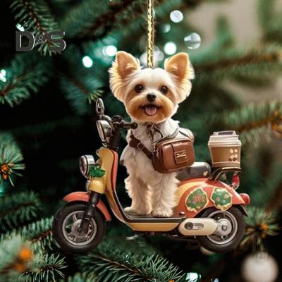 Weihnachtsdekoration, Welpe, Reiten, Motorrad, Acryl-Anhänger, Weihnachtsbaum, hängendes Ornament für Urlaub, Zuhause, Auto-Dekor