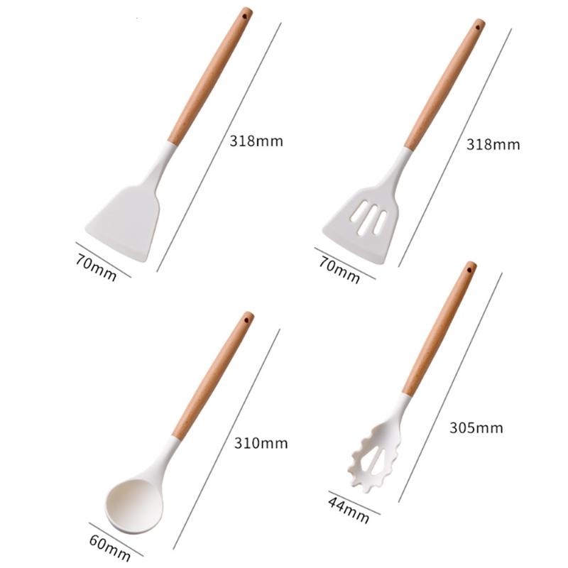 Natural Wood Handle Silicone Kitchen Utensils With Storage Bucket High Temperature Resistant And Non Stick Pot Spatula And Spoon
