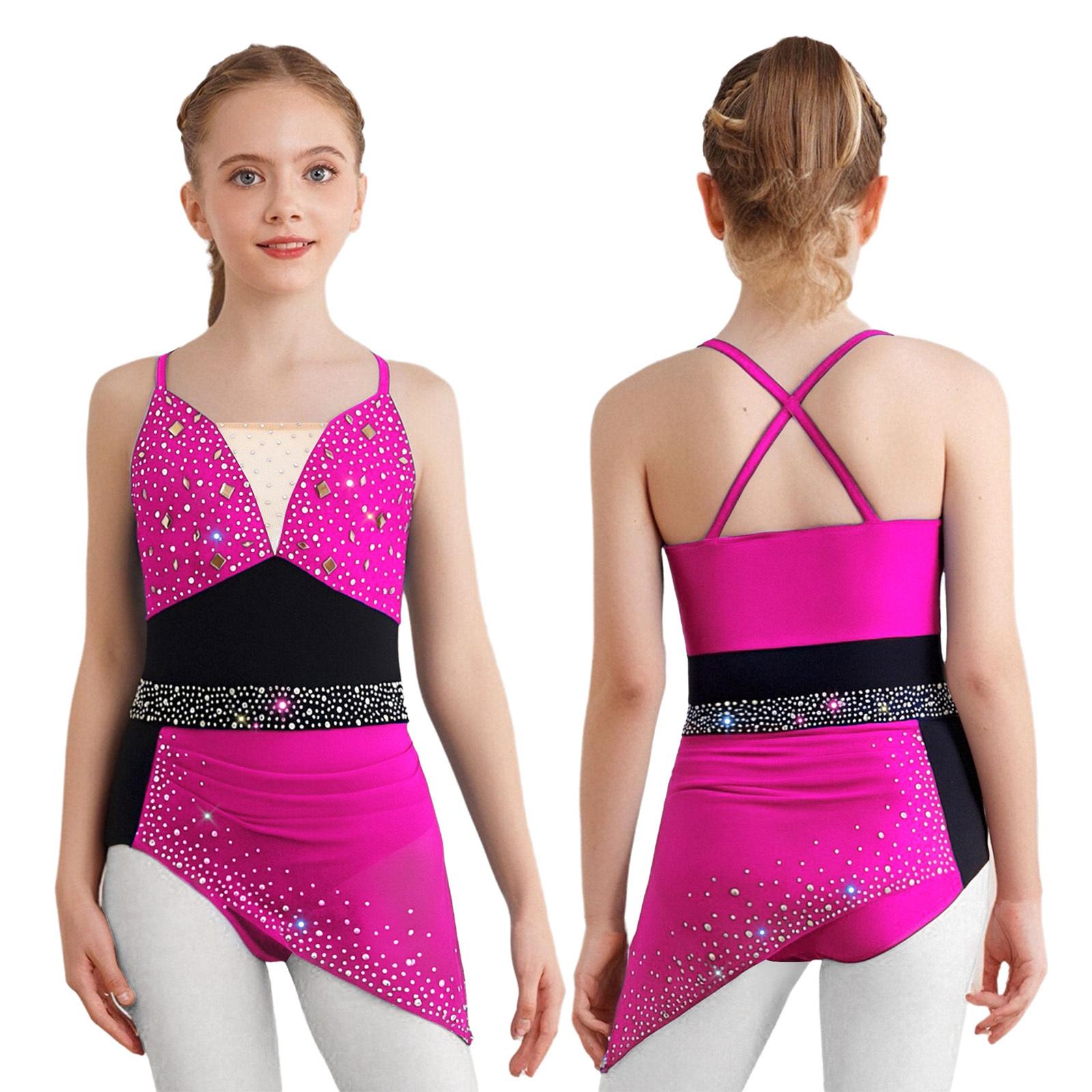 

Платье для фигурного катания для девочек, костюм для лирического танца, перекрещенная спина, блестящие стразы, присборенная сетка 7-8 Years горячий розовый