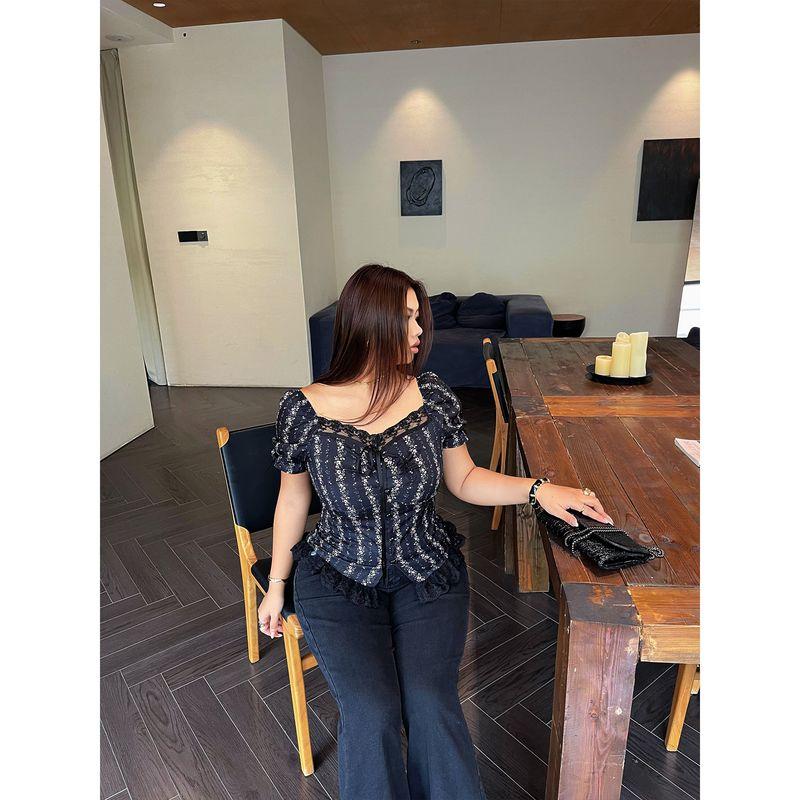 

Brother Nan Chubby Gyaru Sexy Lace Stitching Shirts Women Autumn Plus size Temperament Design Slimming Sweet Top Black XL