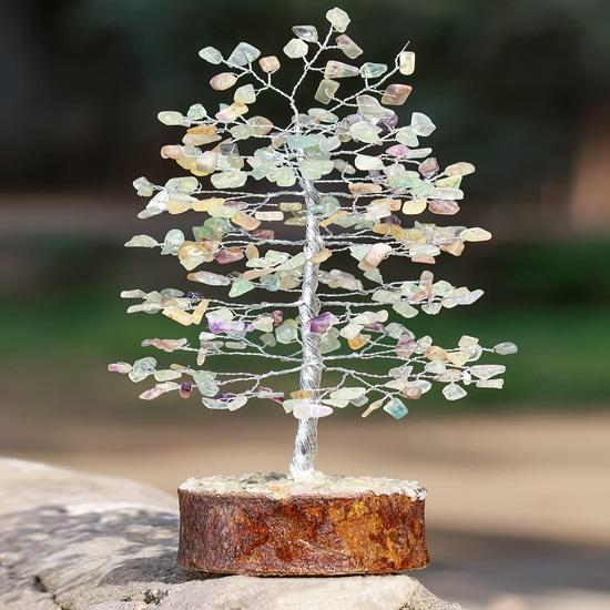 Fluorit Tree of Life Křišťálový drahokamový strom pro pozitivní energii Drát Feng Shui Bonsai strom, krystaly Tree Dekorace do obývacího pokoje Stříbrný drát