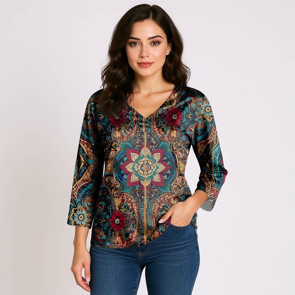 Women's 3/4 Sleeve Shirts V Neck Print Tops Casual Tops Basic Tees Blouse Loose Tops