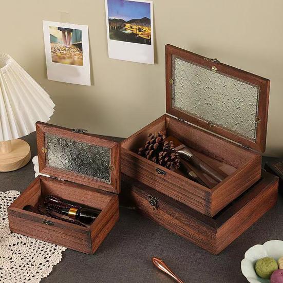 Jewelry Storage Box with Buckle And Flip-Top Lid Case Wood Retro Design Dustproof Organizer for Small Sundries