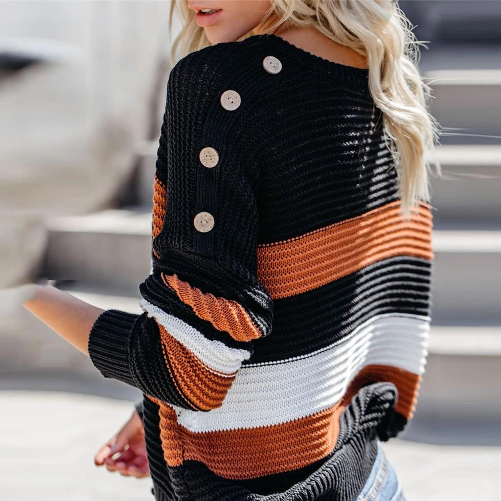 Women's Long Sleeve  Striped Color Block Casual Loose Knitted Pullover