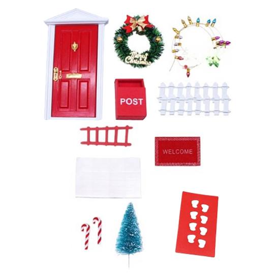 11Pcs Doll Houses Miniature Christmas Decor Set Plastic Tree Lights Wreath Mailbox Fairy Doors DIY Scene Kit Red Themed Accessories