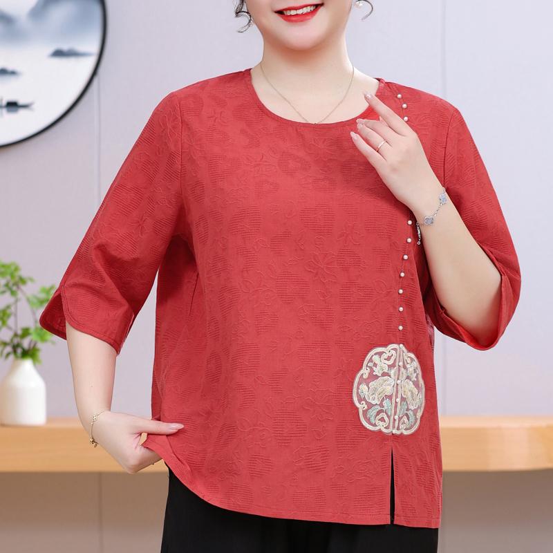 Women's Plus Size Chinese Embroidery Top – 3/4 Sleeve Round Neck Textured Blouse (Sizes 3XL-8XL) for Middle-Aged Ladies