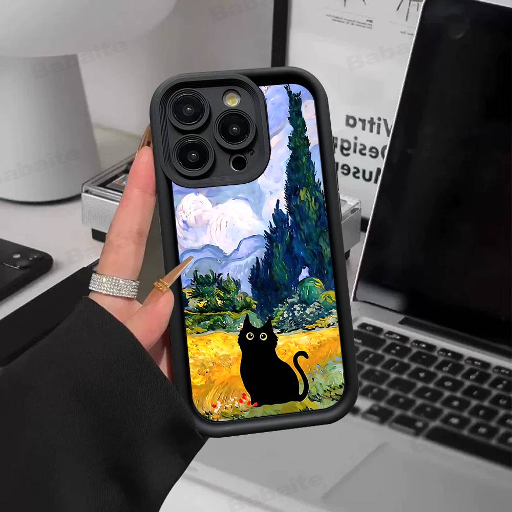 Black Cat Van Gogh Silicone Soft Phone Case For IPhone 17 16 14 13 12 11 15 Pro Max Plus Air Cover