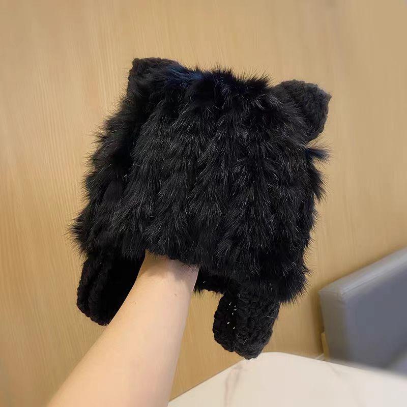 

Шапка женская осенне-зимняя из кроличьей шерсти Кошачьи ушки (Хлеб в форме кошачьих ушей, приготовленный на пару) ухо защитная плюшевая вязаная шапка утолщенная морозостойкая шапка One size