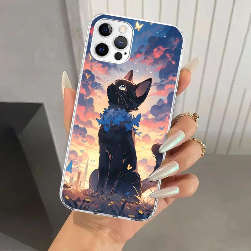 Anime Cute Black Cat Meow Phone Case for Iphone 17 Air 16 15 Plus 14 13 Mini 12 11 Pro Max 16E 7 8 SE 2020 Soft Funda Print Shel
