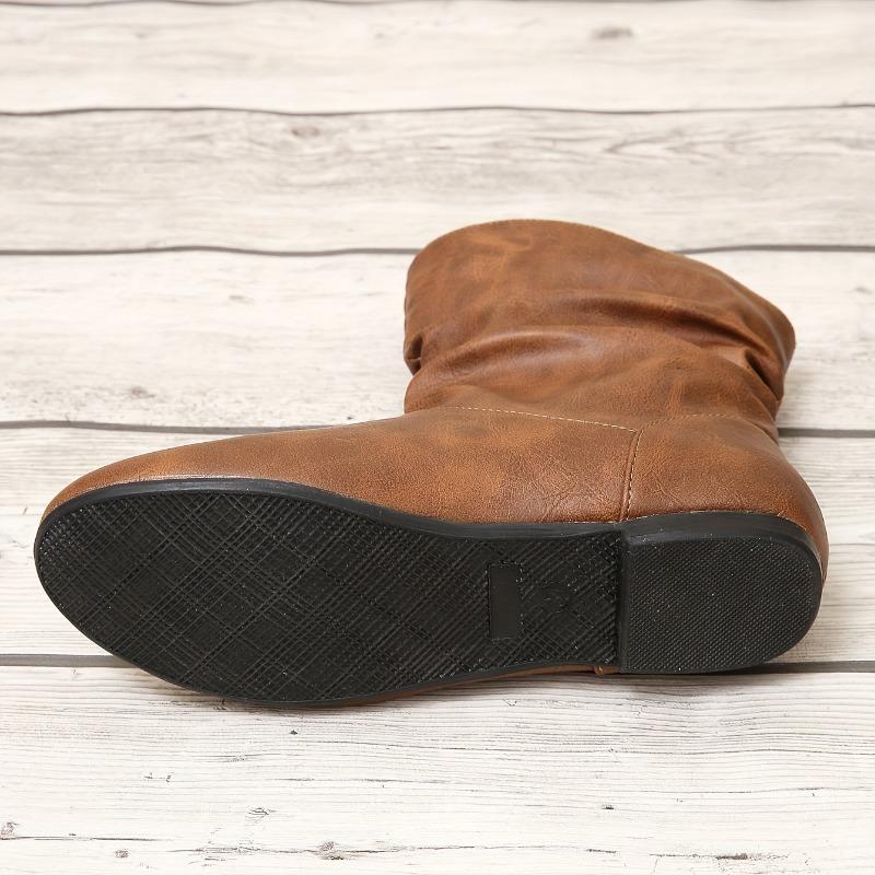 Chic Brown Faux Cover Slip-On Ankle Boots for Women | Comfortable Flat Heel, Round Toe, Wrinkled Design Casual Outfits Chic | Comfortable