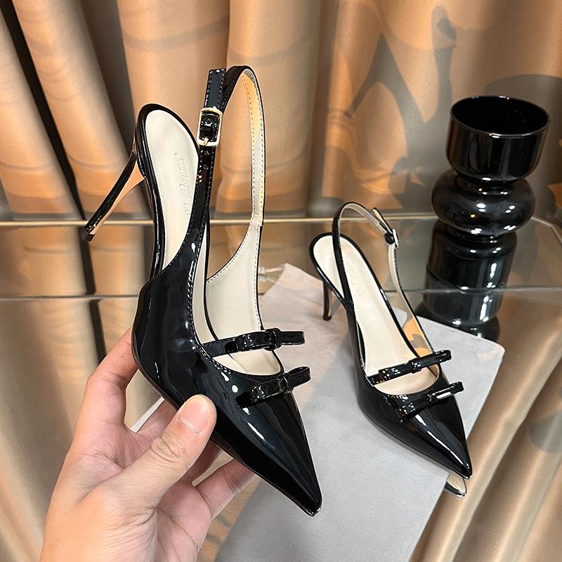 2025 Spring New Women'S Shoes Shallow Mouth Single Shoes Patent Leather Skinny Toe Sandals Bow Pointy High Heels After Empty