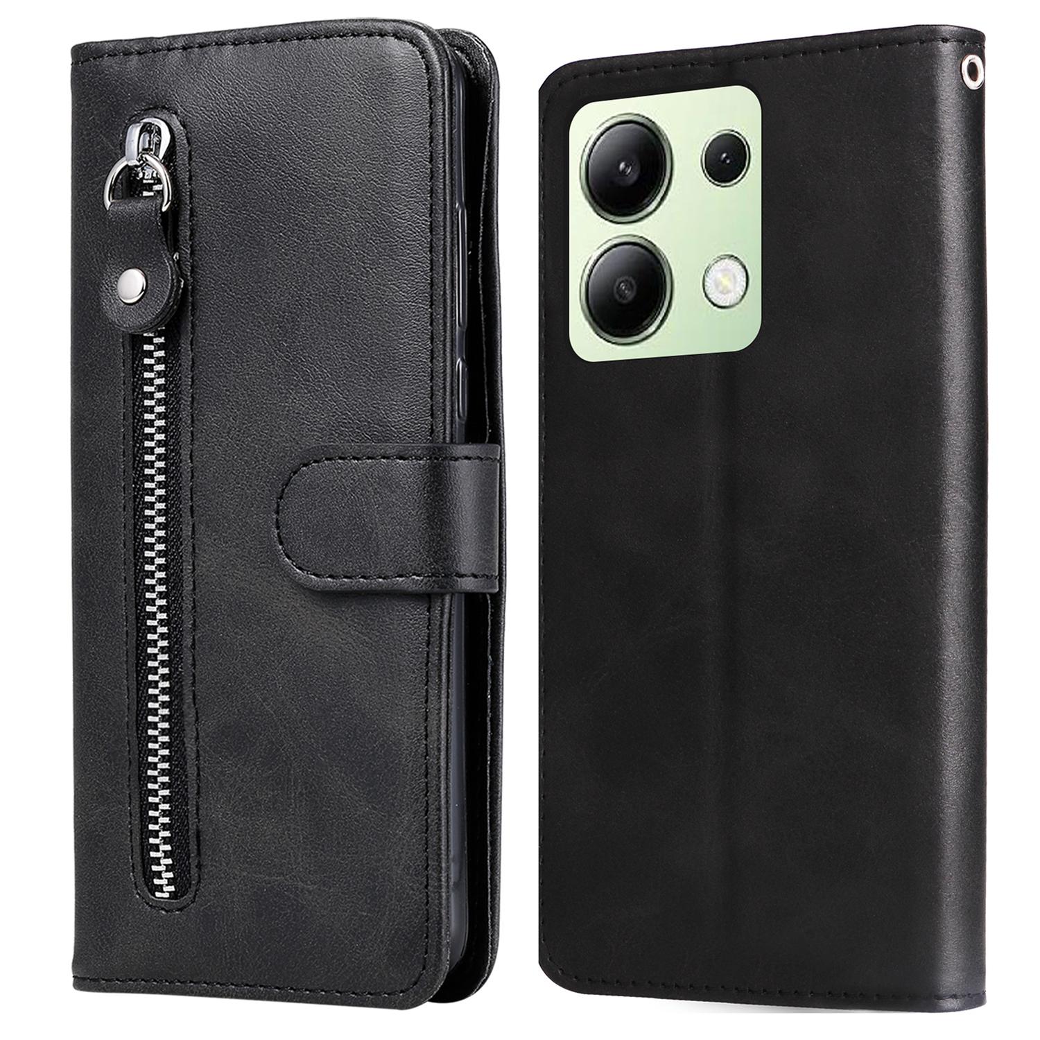 

For Xiaomi Redmi Note 13 4G Wallet Case Zipper Pocket PU Leather Phone Cover Black