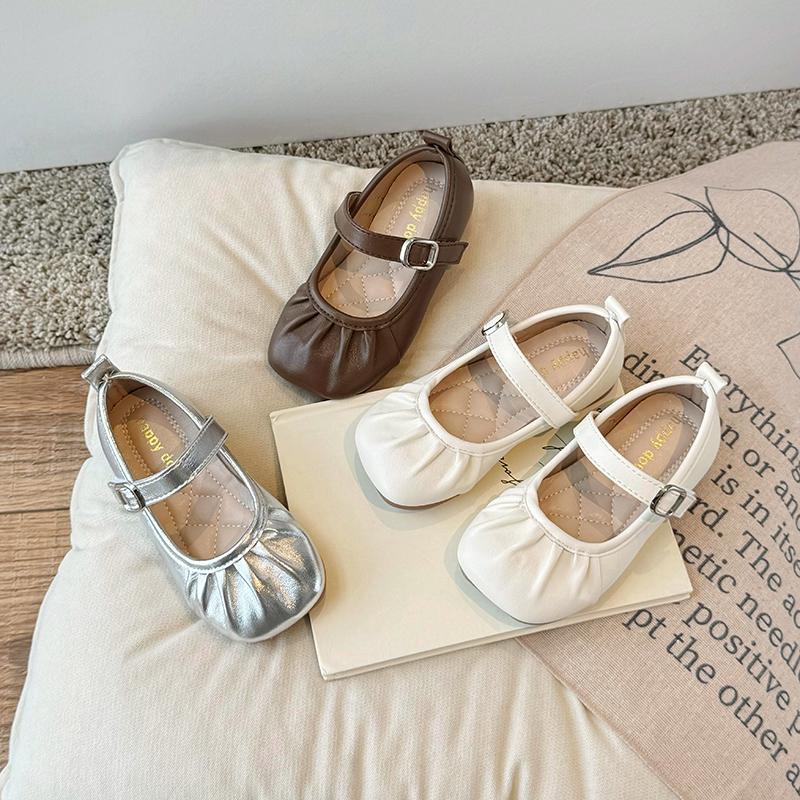 Girls Leather Shoes for Party Wedding Children Shallow Pleated Shoes Kids Flats Moccasins Shoes Anti-Slippery 2024 Autumn Spring