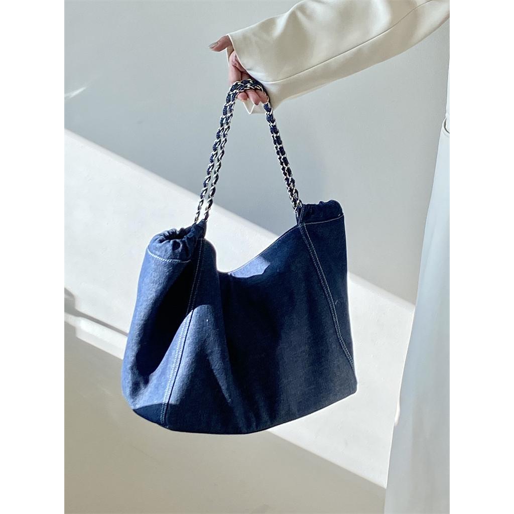 IELGY Female Bag Korean Style Large-Capacity Denim Chain Shoulder Tote Bag