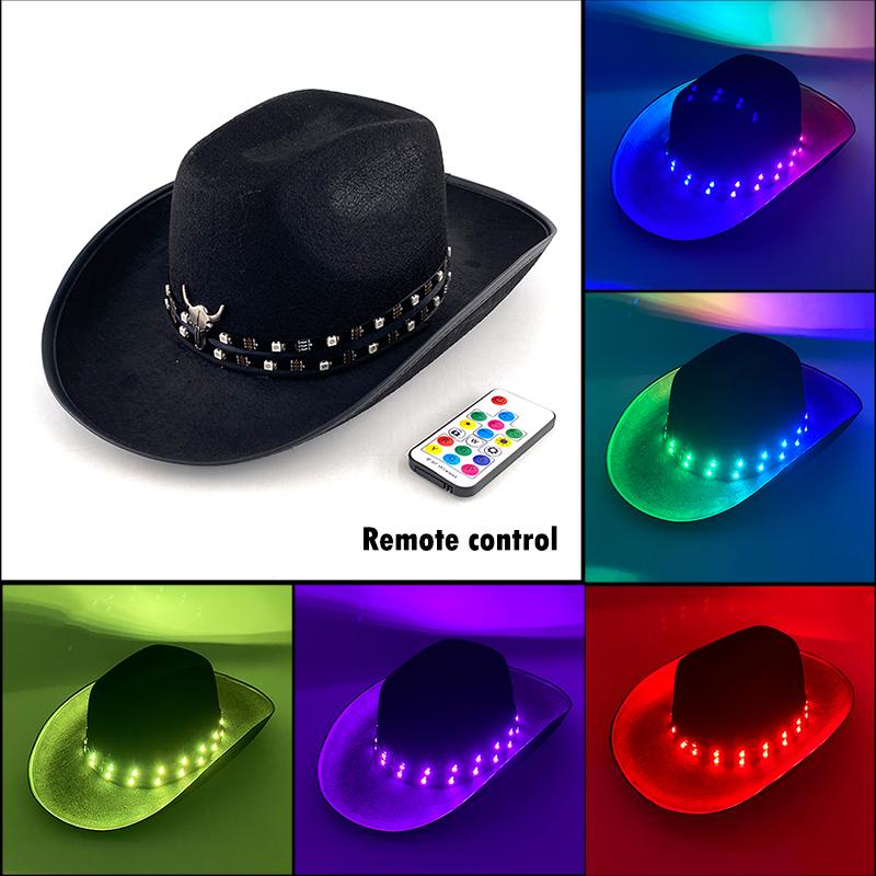 LED Colorful Western Cowboy Hats Concert NightClub Holidays Halloween Accessories Multi Functional LED Cowboy Denim Hat For Men